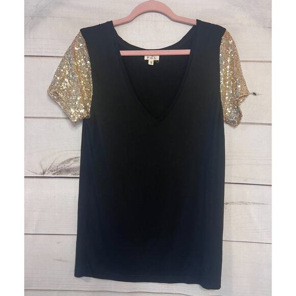 POL Black Top Gold Sequin Sleeve V Neck Rayon Blend Party Blouse Small - Picture 1 of 6